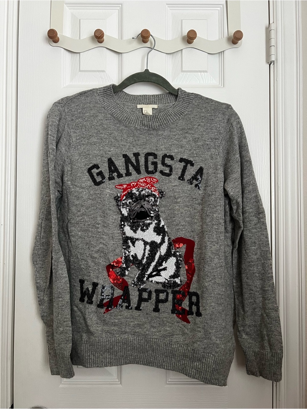 H&M Grey Crewneck Sweater with Black & Red Pug Graphic